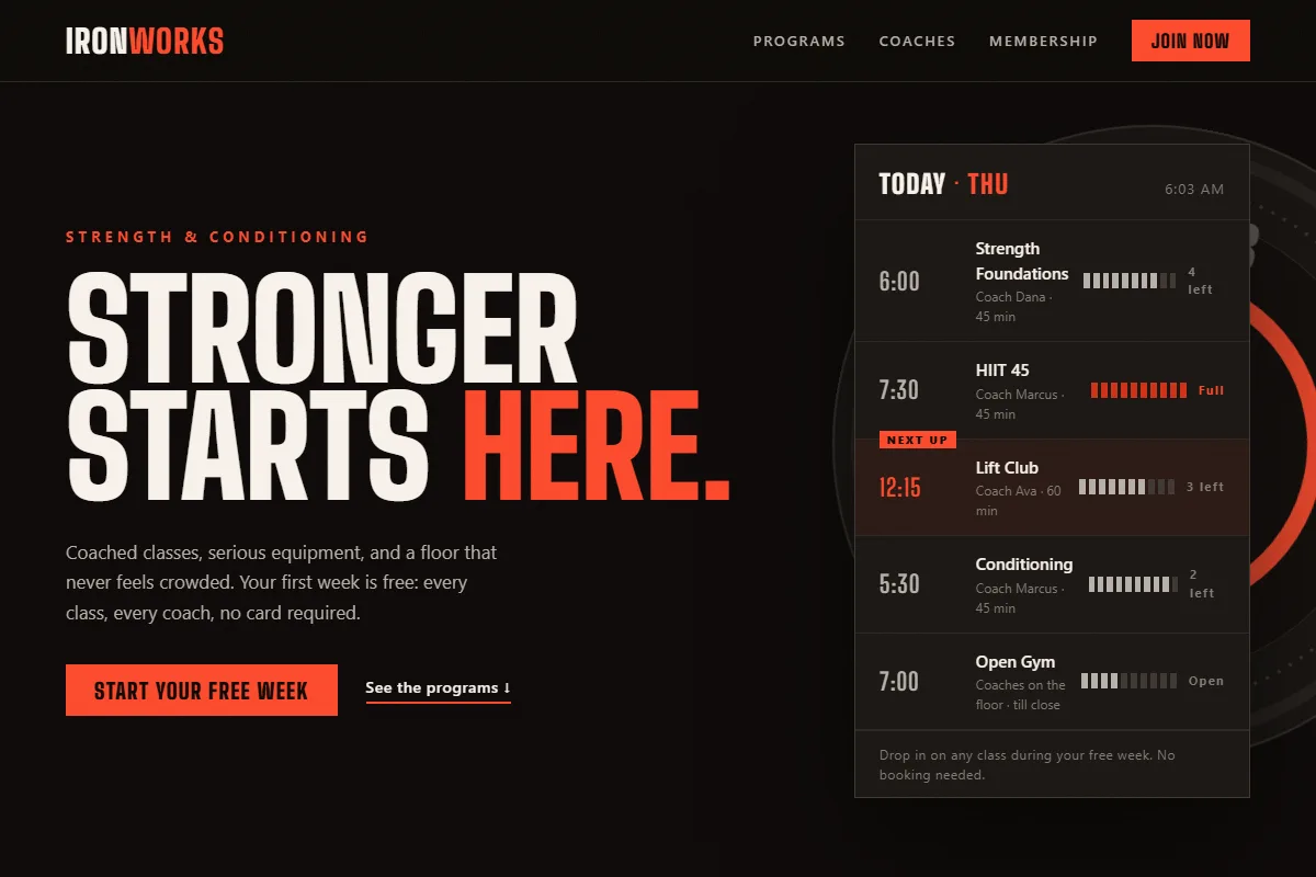 Concept homepage for a gym: dark, high-energy design with class schedule and free first week offer
