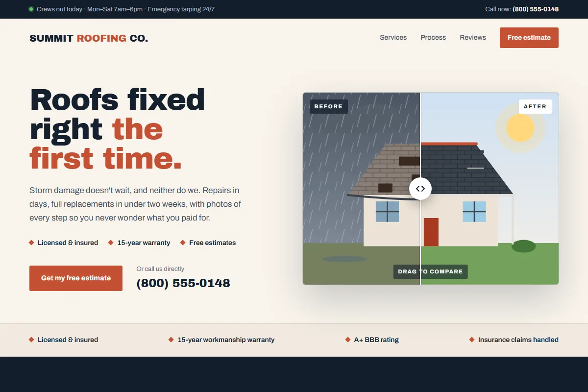 Concept homepage for a roofing company: trust-focused design with phone number, license badges, and free estimate form