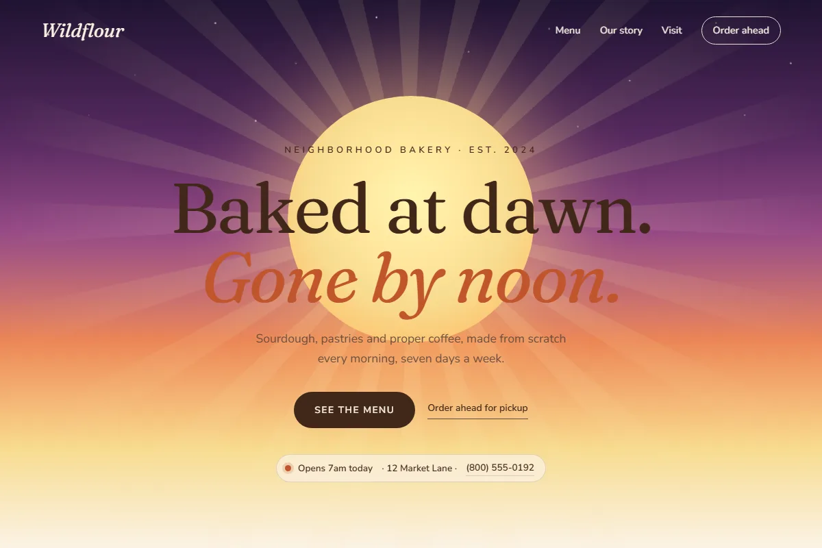 Concept homepage for a cafe: warm, inviting design with menu call-to-action and daily hours